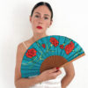 ABANICO DE SEDA CLAVELES_TURQUESA